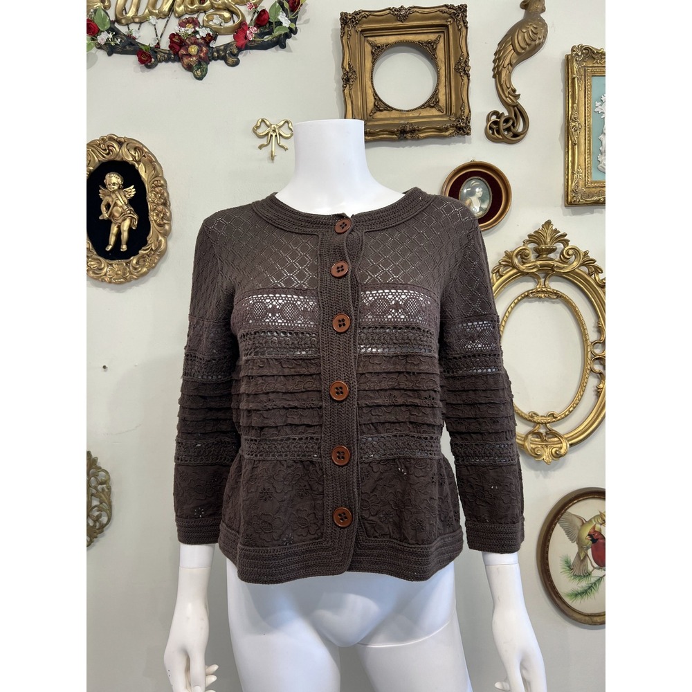 Cynthia Cynthia Steffe Brown 100% Cotton Crochet Lace Button Down Cardigan Sz L
